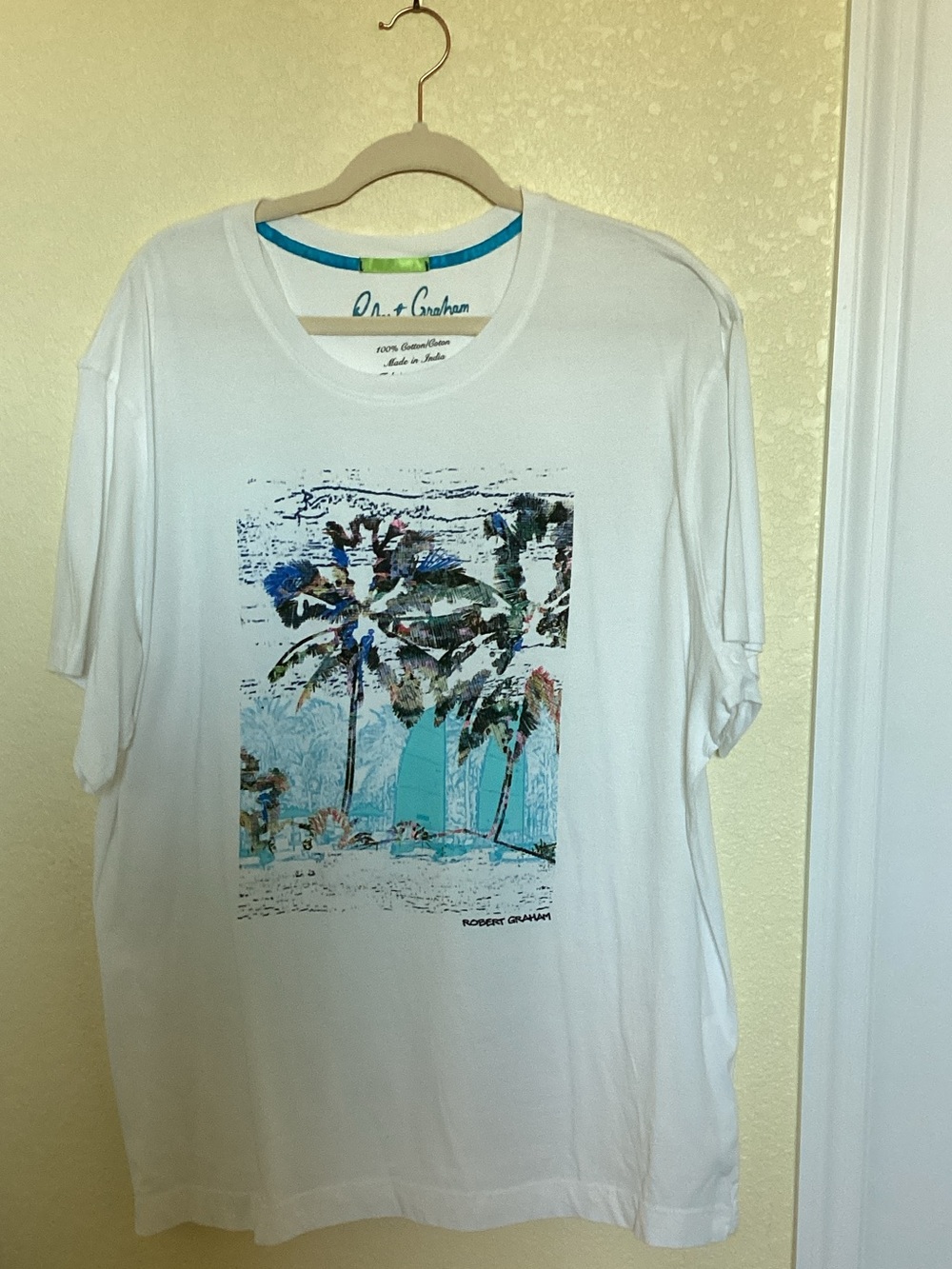 Robert Graham White Short-Sleeve Tee with Blue & Green Palm Graphic